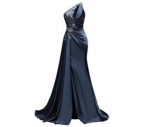 WSEYU Paillettes Pizzo Abito da Damigella D'Onore Una Spalla Prom Dresses Satin Formale Sera Partito Abito da Sfera con Spacco ZMKI395, blu navy, 60 Più