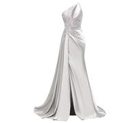 WSEYU Paillettes Pizzo Abito da Damigella D'Onore Una Spalla Prom Dresses Satin Formale Sera Partito Abito da Sfera con Spacco ZMKI395, bianco, 42