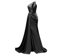 WSEYU Paillettes Pizzo Abito da Damigella D'Onore Una Spalla Prom Dresses Satin Formale Sera Partito Abito da Sfera con Spacco ZMKI395, Nero , 64 Più
