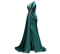 WSEYU Paillettes Pizzo Abito da Damigella D'Onore Una Spalla Prom Dresses Satin Formale Sera Partito Abito da Sfera con Spacco ZMKI395, Foglia di t, 42