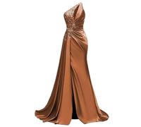 WSEYU Paillettes Pizzo Abito da Damigella D'Onore Una Spalla Prom Dresses Satin Formale Sera Partito Abito da Sfera con Spacco ZMKI395, Marrone, 40