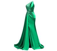 WSEYU Paillettes Pizzo Abito da Damigella D'Onore Una Spalla Prom Dresses Satin Formale Sera Partito Abito da Sfera con Spacco ZMKI395, Verde, 38