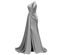 WSEYU Paillettes Pizzo Abito da Damigella D'Onore Una Spalla Prom Dresses Satin Formale Sera Partito Abito da Sfera con Spacco ZMKI395, Argento, 24 Più