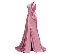 WSEYU Paillettes Pizzo Abito da Damigella D'Onore Una Spalla Prom Dresses Satin Formale Sera Partito Abito da Sfera con Spacco ZMKI395, Rosa del deserto, 50