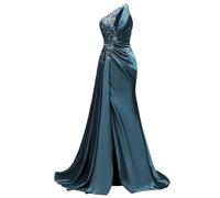 WSEYU Paillettes Pizzo Abito da Damigella D'Onore Una Spalla Prom Dresses Satin Formale Sera Partito Abito da Sfera con Spacco ZMKI395, Pavone, 60 Più