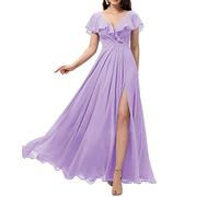 WSEYU Scollo a V Abiti da damigella d'onore lunghi con fessura in chiffon una linea di volant abiti da ballo con tasche C087, Lilla, 44