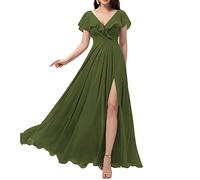WSEYU Scollo a V Abiti da damigella d'onore lunghi con fessura in chiffon una linea di volant abiti da ballo con tasche C087, Verde oliva, 46