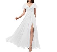 WSEYU Scollo a V Abiti da damigella d'onore lunghi con fessura in chiffon una linea di volant abiti da ballo con tasche C087, bianco, 54 Più