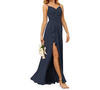 WSEYU Scollo a V pieghe abiti da damigella d'onore per matrimonio con tasche A-line increspature lungo chiffon abito da festa formale con fessura, Blu, 48