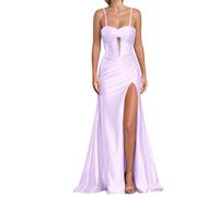 WSEYU Spaghetti cinghie abito da damigella d'onore sirena abiti da ballo in raso formale sera partito abito da ballo con fiocco fessura ZMKI756, Lilla, 44