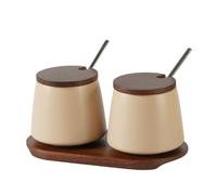 WSFYTAM Barattoli per Spezie in Ceramica Set da 2, Zuccheriera in Porcellana con Coperchio in bambù, Cucchiaio E Vassoio, per Conservare Sale, Spezie E Zucchero,Beige,B