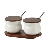 WSFYTAM Barattoli per Spezie in Ceramica Set da 2, Zuccheriera in Porcellana con Coperchio in bambù, Cucchiaio E Vassoio, per Conservare Sale, Spezie E Zucchero,Bianca,A