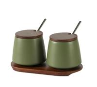 WSFYTAM Barattoli per Spezie in Ceramica Set da 2, Zuccheriera in Porcellana con Coperchio in bambù, Cucchiaio E Vassoio, per Conservare Sale, Spezie E Zucchero,Verde,B