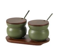 WSFYTAM Barattoli per Spezie in Ceramica Set da 2, Zuccheriera in Porcellana con Coperchio in bambù, Cucchiaio E Vassoio, per Conservare Sale, Spezie E Zucchero,Verde,A