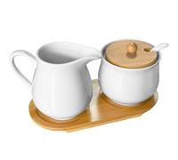 WSFYTAM Set Latte E Zucchero, Contiene Zuccheriera con Coperchio E Cucchiaio, Lattiera in Porcellana con Vassoio in Legno, Adatta A Microonde E Lavastoviglie,Bianca