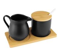 WSFYTAM Set Latte E Zucchero, Contiene Zuccheriera con Coperchio E Cucchiaio, Lattiera in Porcellana con Vassoio in Legno, Adatta A Microonde E Lavastoviglie,Nero