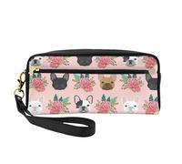 WSHFFILO Astuccio per matite con bulldog francese e fiori stampati, piccola borsa per il trucco, astuccio portatile per cancelleria