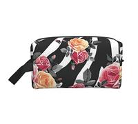 WSHFFILO Beauty case da viaggio con stampa a righe zebrate con rose e fiori, bianco, Taglia unica