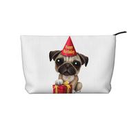 WSHFFILO Beauty case da viaggio in velluto a coste stampato con cucciolo di carlino e scritta "Happy Birthday", Nero , Taglia unica