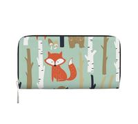 WSHFFILO Carino Fox Bear Bird Bunny Albero Stampato Pelle Portafoglio A Mano Lungo Pochette Portafoglio In Pelle, Nero , Taglia unica