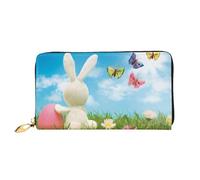 WSHFFILO Portafoglio da viaggio portatile con coniglietto pasquale con uova e farfalle primaverili in pelle stampata, Nero , Taglia unica