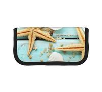WSHFFILO Stella Marina Shell Legno Blu su Beach Scenery Stampato Canvas Pen Case Matita Astuccio Portatile Cancelleria Pouch, Nero , Taglia unica, Portamonete