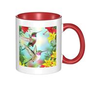 WSHFFILO Tazza in ceramica con stampa di ibisco con fiori rossi e colibrì