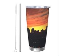 WSOIHFEC Bicchiere da 590 ml in acciaio inox con coperchio e cannuccia, isolamento sottovuoto, doppia parete, tazza da viaggio con skyline della città al tramonto, tazza da caffè per auto, caffè, casa