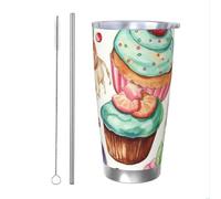 WSOIHFEC Bicchiere da 590 ml in acciaio inox con coperchio e cannuccia, isolamento sottovuoto, doppia parete, tazza da viaggio, cupcake, ciambelle, muffin, zucchero, caffè, tazza per auto, caffè, casa