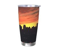 WSOIHFEC Bicchiere da 590 ml in acciaio inox con coperchio e cannuccia, isolamento sottovuoto, doppia parete, tazza da viaggio con skyline della città al tramonto, tazza da caffè per auto, caffè, casa