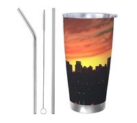 WSOIHFEC Bicchiere da 590 ml in acciaio inox con coperchio e cannuccia, isolamento sottovuoto, doppia parete, tazza da viaggio con skyline della città al tramonto, tazza da caffè per auto, caffè, casa