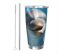 WSOIHFEC Bicchiere da 590 ml in acciaio inox con coperchio e cannuccia, isolamento sottovuoto, tazza da viaggio a doppia parete, divertente delfino che ti guarda, tazza da caffè per auto, caffè, casa