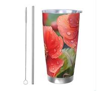 WSOIHFEC Bicchiere da 590 ml in acciaio inox con coperchio e cannuccia, isolamento sottovuoto, tazza da viaggio a doppia parete, bella tazza da caffè con fiore rosso, tazza per auto, caffè, casa