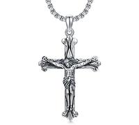 WSX Collana a croce in argento sterling per uomini, con ciondolo a forma di grande Gesù, cattolico, Gesù Cristo su INRI 22 pollici, gioielli per Natale, festa del papà