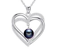 WSX Collana con ciondolo a forma di cuore con perla nera, in argento Sterling placcato in oro bianco, 45 + 5 cm, per donne, mogli, mamme, matrimoni, compleanni, Argento sterling, Perla