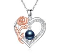 WSX Collana con ciondolo a forma di cuore con perla nera, in argento Sterling placcato in oro bianco, 45 + 5 cm, per donne, mogli, mamme, matrimoni, compleanni, Argento sterling, Perla
