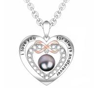 WSX Collana con ciondolo a forma di cuore con perla nera, in argento Sterling placcato in oro bianco, 45 + 5 cm, per donne, mogli, mamme, matrimoni, compleanni, Argento sterling, Perla
