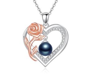 WSX Collana con ciondolo a forma di cuore con perla nera, in argento Sterling placcato in oro bianco, 45 + 5 cm, per donne, mogli, mamme, matrimoni, compleanni, Argento sterling, Perla