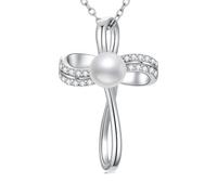 WSX Collana con perle crociate, turchese/infinito/corona/celtica, in argento sterling 925, con perla d'acqua dolce in oro bianco con moissanite, protezione religiosa, Natale, festa della mamma, moglie