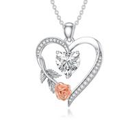 WSX Collana da donna con ciondolo a forma di cuore rosa, in argento Sterling 925, rosa moissanite e cuore, idea regalo per la festa della mamma, Argento sterling