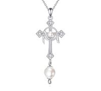WSX Collana di perle a forma di croce con nodo celtico portafortuna, ali d'angelo, nastro e perle d'acqua dolce, ciondolo in argento Sterling placcato oro bianco, per la festa della mamma, moglie