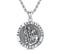 WSX Collana di San Cristoforo per uomo e donna in argento Sterling con ciondolo rotondo a medaglia di San Cristoforo, protegge lo scudo, Argento sterling