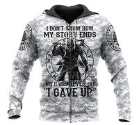WSXJJ Berserker Nordico 3D Felpa Cappuccio Uomo, Tatuaggio Guerriero Orso Vichingo Maglietta Casual Giacca Strada Unisex,Never Give up Zipper,3XL