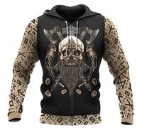 WSXJJ Tatuaggio Vichingo Valhalla Felpa Uomo, Cappuccio Nordic Warrior Skull Maglietta 3D Casual Pullover Regalo Giacca,Skull Vegvisir Zipper,XL