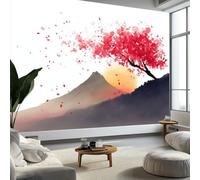 WTD - Carta da parati fotografica ad acquerello con montagne giapponesi in fiore di ciliegio, 300 x 210 cm, grande sfondo per TV, in tessuto non tessuto, per soggiorno, camera da letto, decorazione