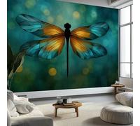 WTD - Carta da parati fotografica con motivo libellula in vetro, 350 x 256 cm, sfondo TV grande, colore: blu e verde, in tessuto non tessuto, decorazione per soggiorno e camera da letto