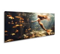 WTD - Stampa su tela con immagine di una sirena che scorre attraverso la magica luce subacquea, panorama, 100 x 50 cm, XXL, stampa artistica su telaio, decorazione da parete e soggiorno