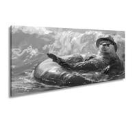 WTD - Stampa su tela con motivo lontra che gode della vita sull'onda panoramica, 100 x 50 cm, in bianco e nero, XXL, su telaio, decorazione da parete o soggiorno
