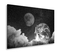 WTD - Stampa su tela, motivo: lancio di razzi davanti alla terra e a Marte nel Mar delle stelle, 120 x 80 cm, colore: bianco e nero, XXL, stampa su telaio, decorazione da parete