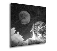 WTD - Stampa su tela, motivo: lancio di razzi davanti alla terra e a Marte nel mare delle stelle, dimensioni: 60 x 60 cm, colore: bianco e nero, XXL, stampa su telaio, decorazione da parete o